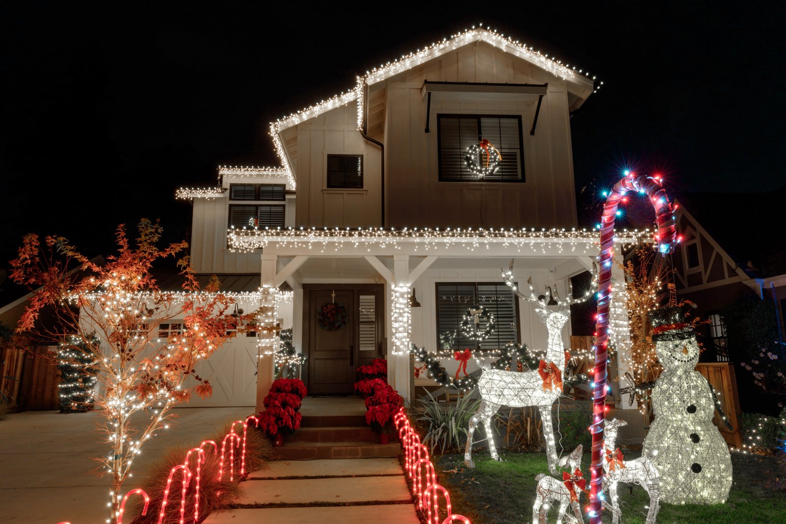 Wonderland website display with roofline lights, wreaths, and a candy-cane walkway
